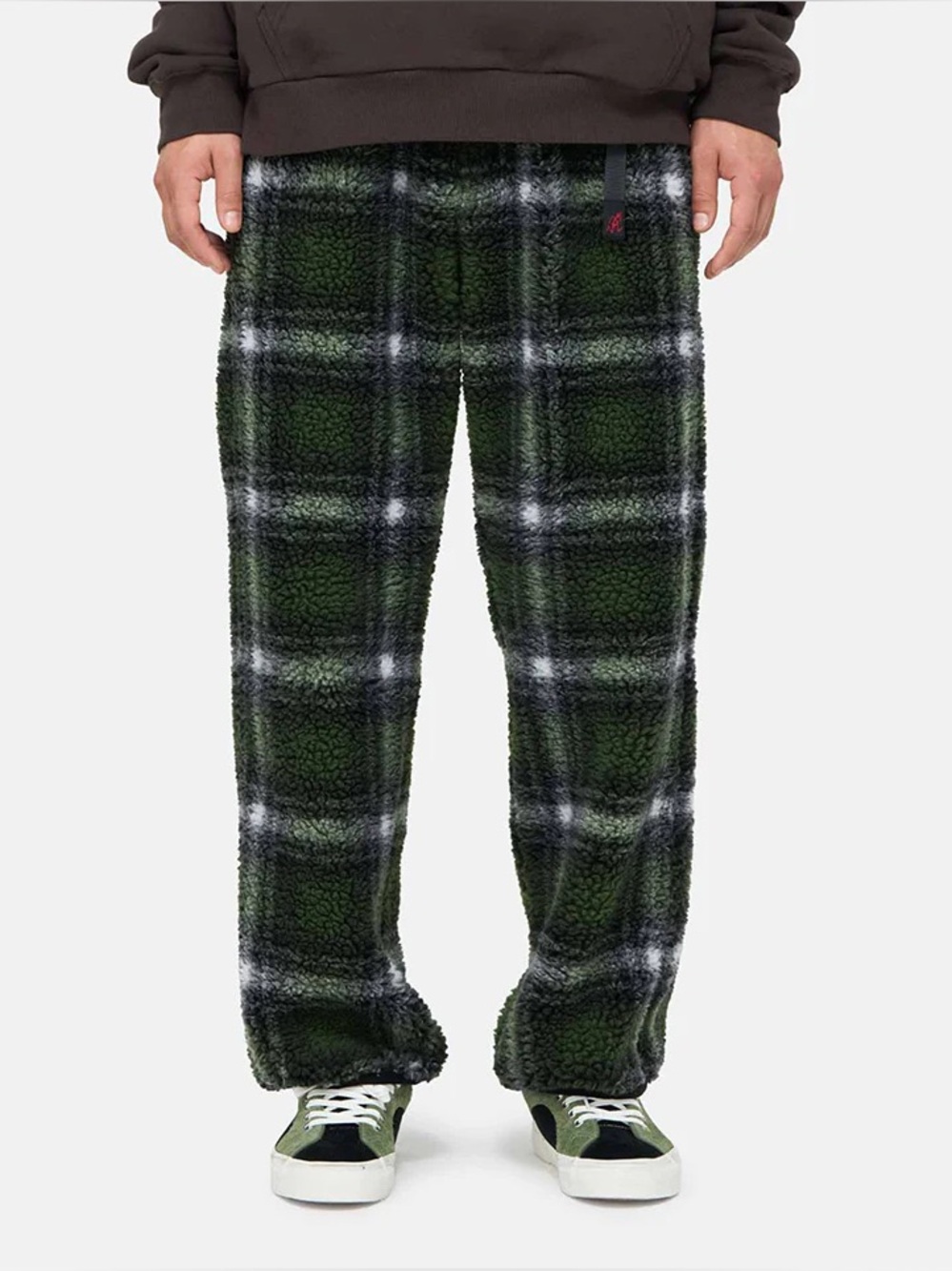 Gramicci Shadow Plaid Sherpa Pants Small Olive Green Belted Fleece White